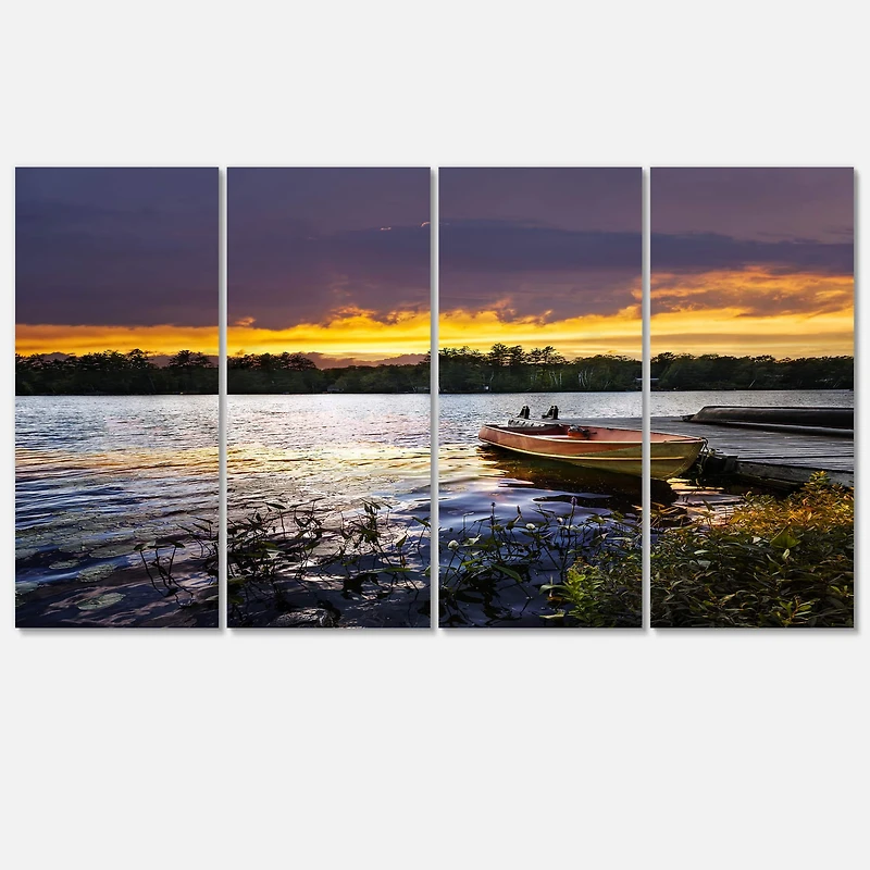 Designart - Boat Docked in Lake at Sunset