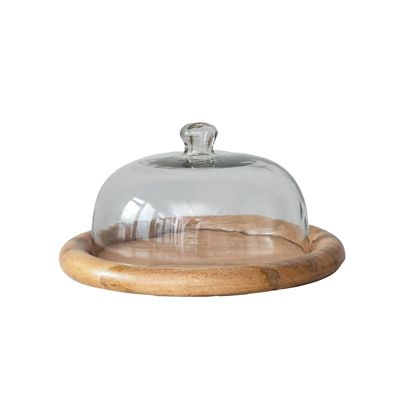 Hello Honey® 16" Round Glass Cloche with Mango Wood Base