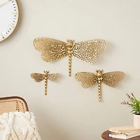 Gold Aluminum Dragonfly Wall Decor with Spotted Cutout Wings, Set of 3