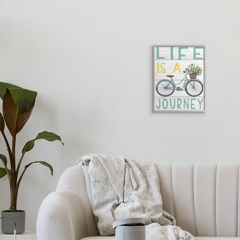 Stupell Industries Life's A Journey Blue Bicycle Flower Basket in Gray Frame Wall Art