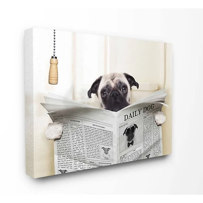 Stupell Industries Pug Reading Newspaper in Bathroom Wall Art