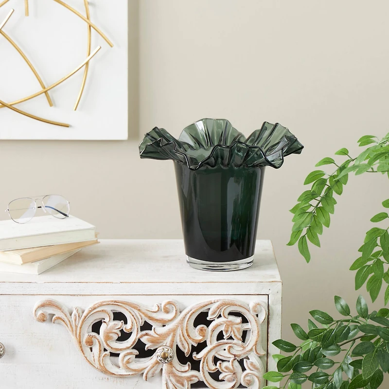 Green Glass Floral Tulip Inspired Ombre Vase with Wavy Opening