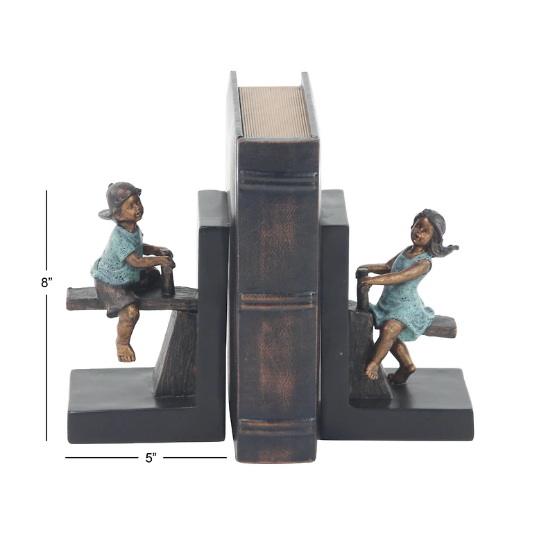 8" Brown Polystone Playing Children Bookends