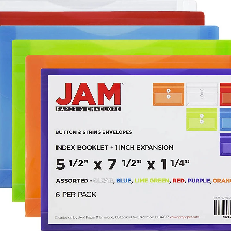 JAM Paper 5.25" x 7.5" Mixed Plastic Button String Booklet Envelopes, 18ct.