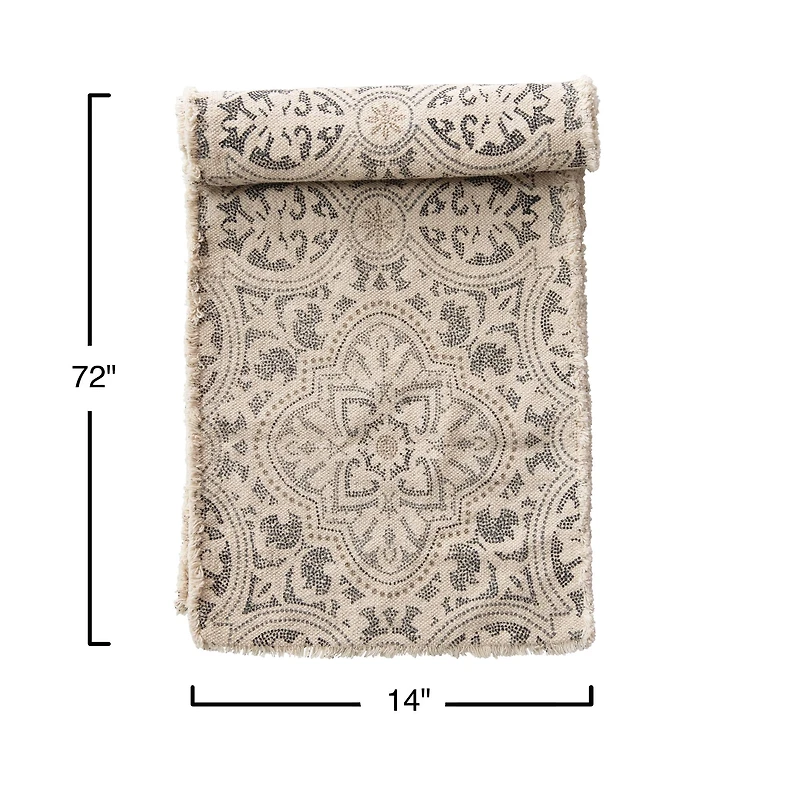 Hello Honey® 72" Gray & Cream Cotton Printed Table Runner with Frayed Edge