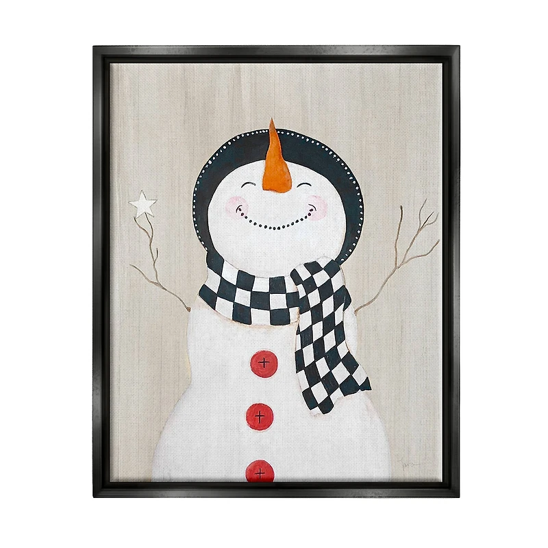 Stupell Industries Happy Smile Winter Snowman Framed Floater Canvas Wall Art