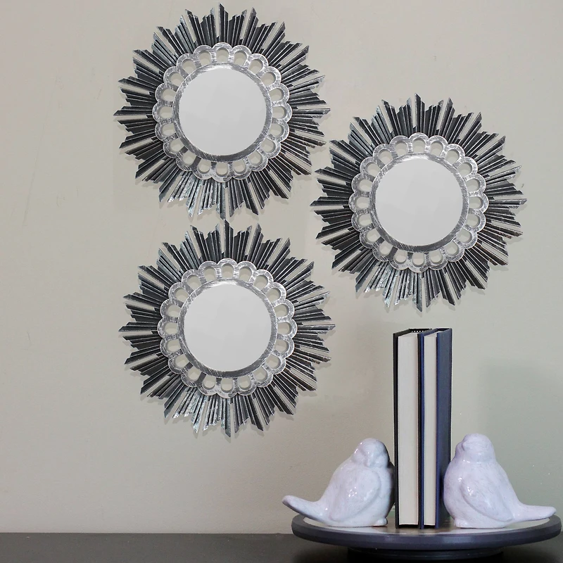 9.5" Brushed Silver Floral Sunburst Mirrors, 3ct.