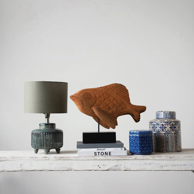 Hello Honey® 17.5" Green Reactive Glaze Footed Debossed Stoneware Table Lamp with Linen Shade