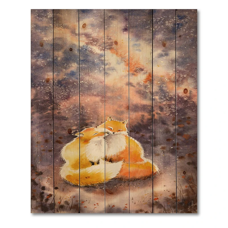Designart - Hugging Foxes Over A Night Sky