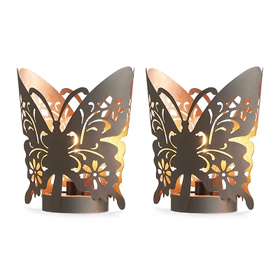 Glitzhome® 9" Metal Flying Butterfly Silhouette Solar Powdered Edison Bulb Outdoor Lanterns, 2ct.