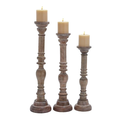 Brown Mango Wood Traditional Candle Holder Set