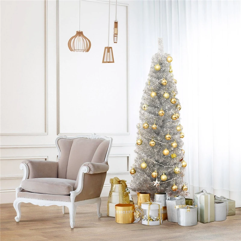 Costway 6ft. Unlit Silver Slim Pencil Tinsel Artificial Christmas Tree