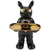 11.75" Black Ceramic Bulldog Sculpture with Golden Platter Décor