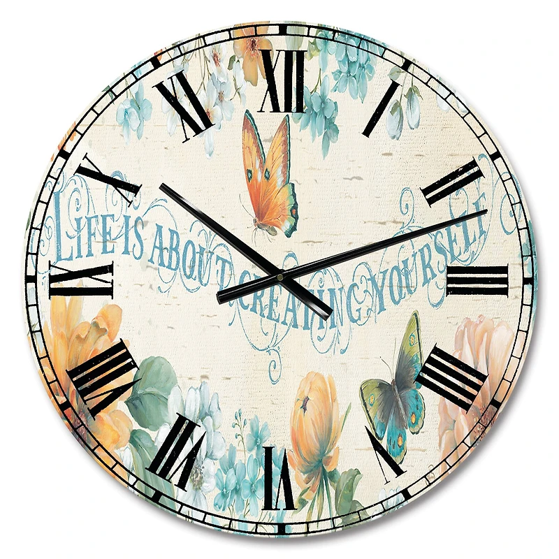 Designart Butterfly Bloom Lovely Quote Farmhouse Wall Clock