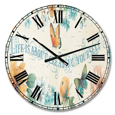 Designart Butterfly Bloom Lovely Quote Farmhouse Wall Clock