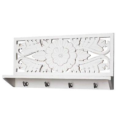 24" White Carved Wooden Wall Shelf & Coat Rack