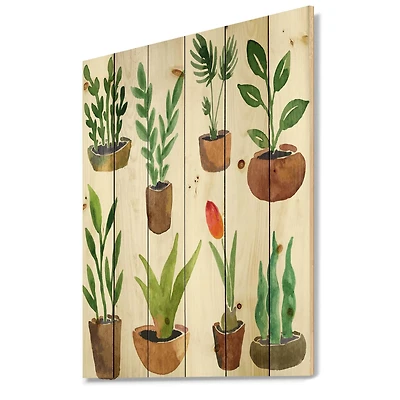 Designart - Eight Potted House Plants - Traditional Print on Natural Pine Wood