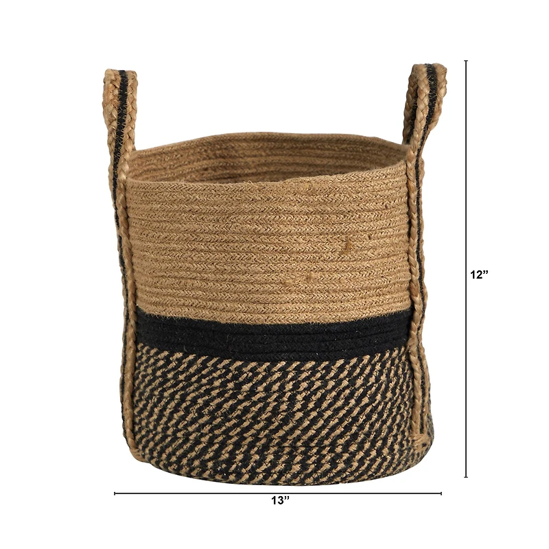 13'' Black Bottom Natural Cotton & Jute Boho Chic Basket Planter