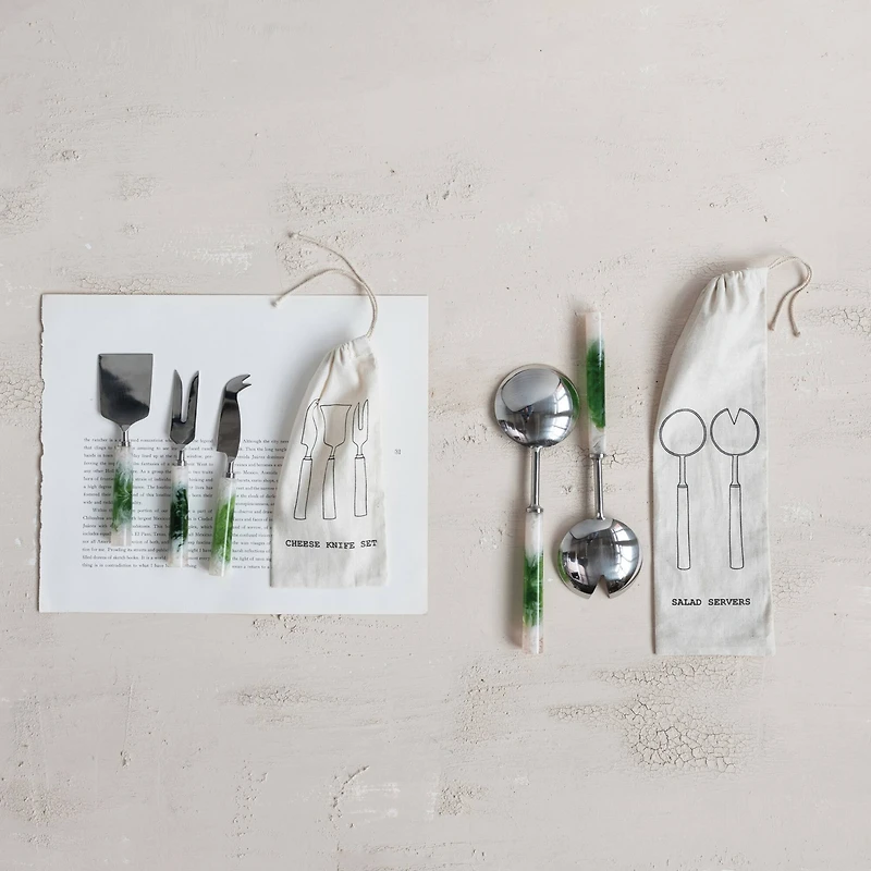 Hello Honey 2-Piece Stainless Steel Salad Servers with Marbled Resin Handles, Green and White