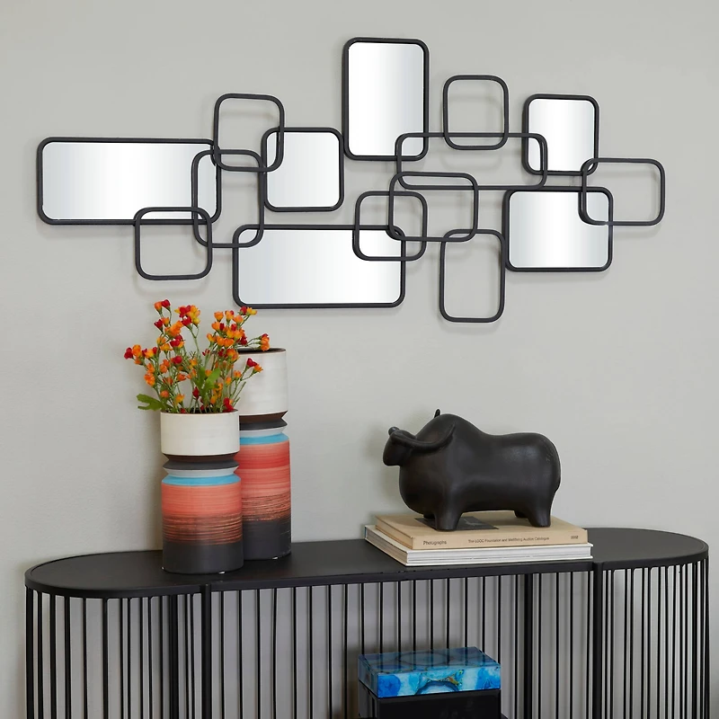 Black Metal Contemporary Abstract Wall Mirror, 46" x 0" x 21"