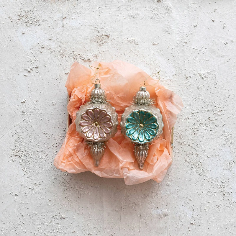 Hello Honey® 8 Pack 7" Mercury Glass Flowers, Tinsel & Glitter Finial Ornaments