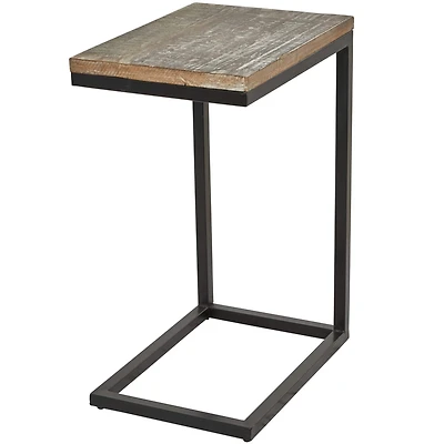 Brown Wood Distressed C-Shaped Accent Table with Black Metal Base 13" x 18" x 26"