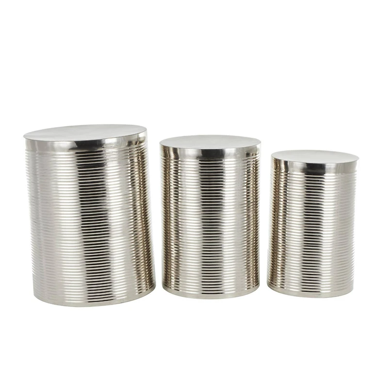 Silver Metal Ribbed Drum Accent Table Set