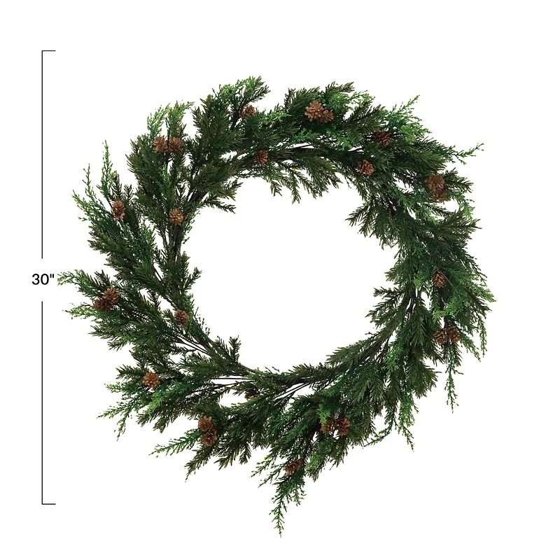 Hello Honey® 30" Green Faux Juniper & Pine Wreath with Pinecones