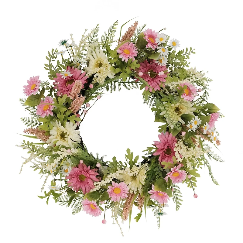 24" Pink Mum & Daisy Floral Spring Wreath