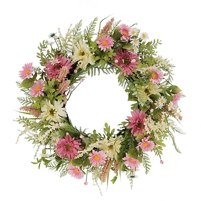 24" Pink Mum & Daisy Floral Spring Wreath