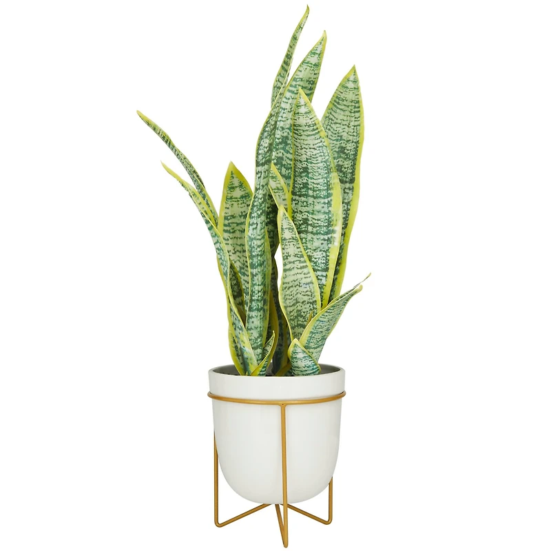 The Novogratz 25" Green Snake Faux Foliage Artificial Plant with White Porcelain Pot and Gold Stand