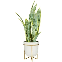 The Novogratz 25" Green Snake Faux Foliage Artificial Plant with White Porcelain Pot and Gold Stand