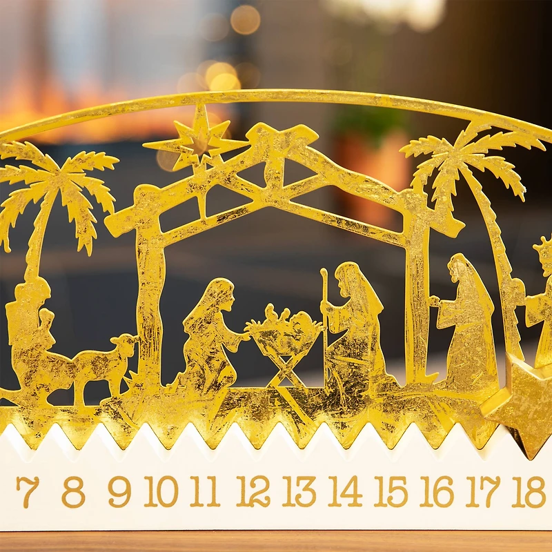 Glitzhome® 23.5" Wooden & Metal Gold Foil Nativity Countdown Calendar Décor