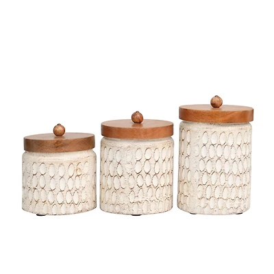 Cream Paper Mache Handmade Carved Spotted Geometric Canisters with Removable Lids Set