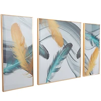 CosmoLiving by Cosmopolitan Blue Porcelain Feathers Bird Framed Wall Art with Gold Aluminum Frame Set of 3 32", 16", 16"