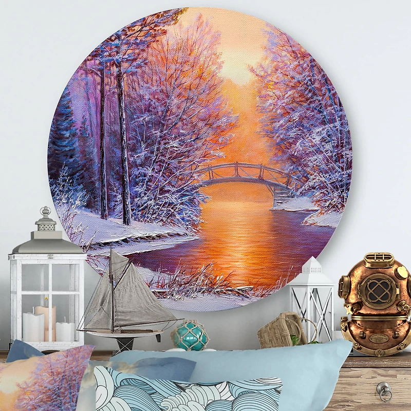 Designart - Bridge Over The River In Winter Landscape