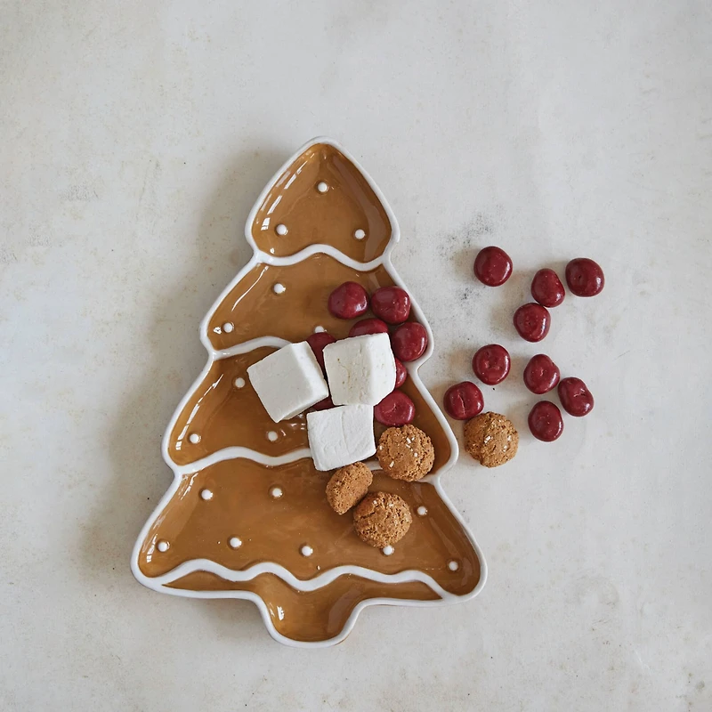 Hello Honey® 13" Brown & White Hand-Painted Ceramic Gingerbread Tree Shaped Platter