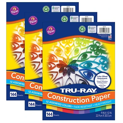 Tru-Ray® Color Wheel Assortment Heavyweight Construction Paper, 9" x 12", 3 Packs of 144