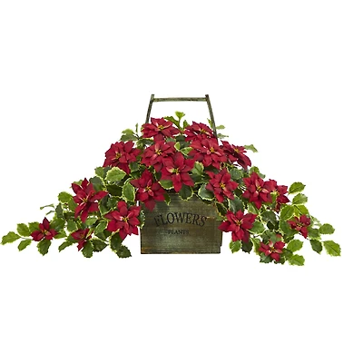 18” Poinsettia & Variegated Holly Artificial Plant in Vintage Decorative Basket