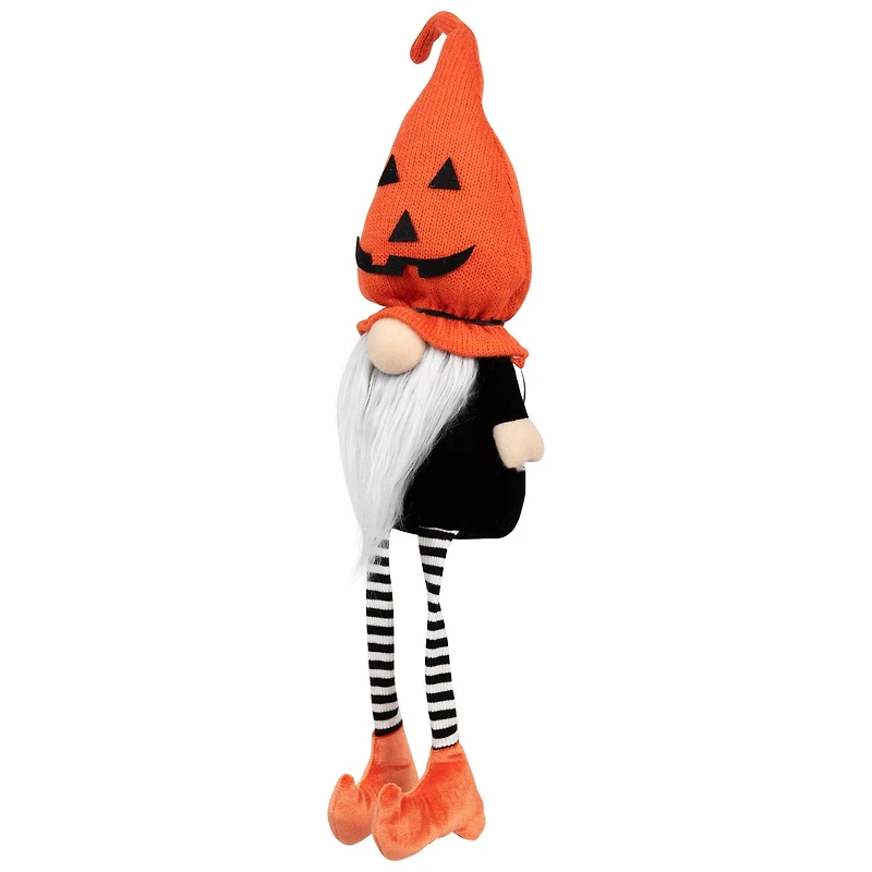 22" Halloween Jack-O-Lantern Striped Tabletop Gnome Figurine with Dangling Legs