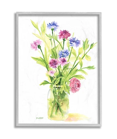 Stupell Industries Bouquet of Wildflowers Soft Green Purple Blue Watercolor in Gray Frame Wall Art