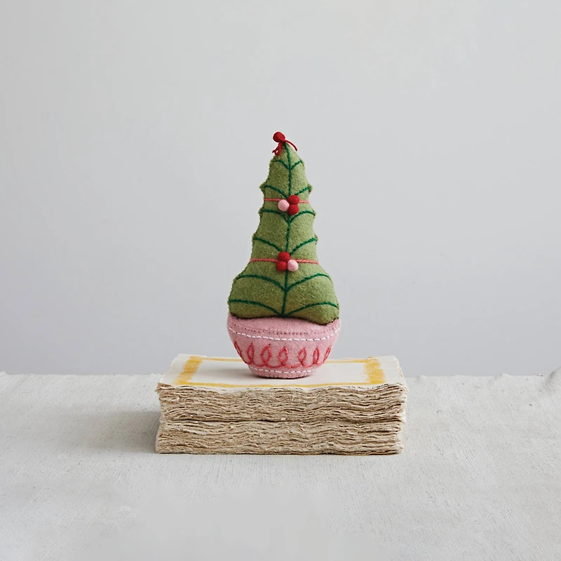 Hello Honey® 10.5" Embroidered Handmade Wool Felt Tree with Pom Poms