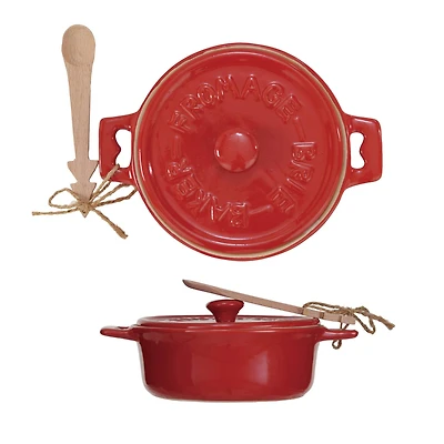 Hello Honey® 9" Red Reactive Glaze Stoneware Brie Baker with Wood Tree Spoon