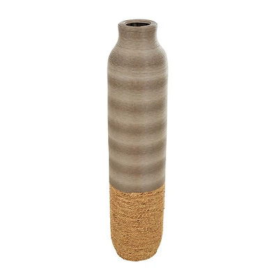 40" Brown Seagrass Handmade Ribbed Vase with Coiled Seagrass Base