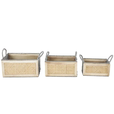 Light Brown Rattan Woven Basket with Gray Rope Handles, 3ct.