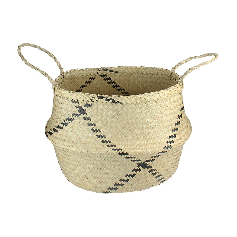 17" Beige & Black Seagrass Belly Basket with Handles