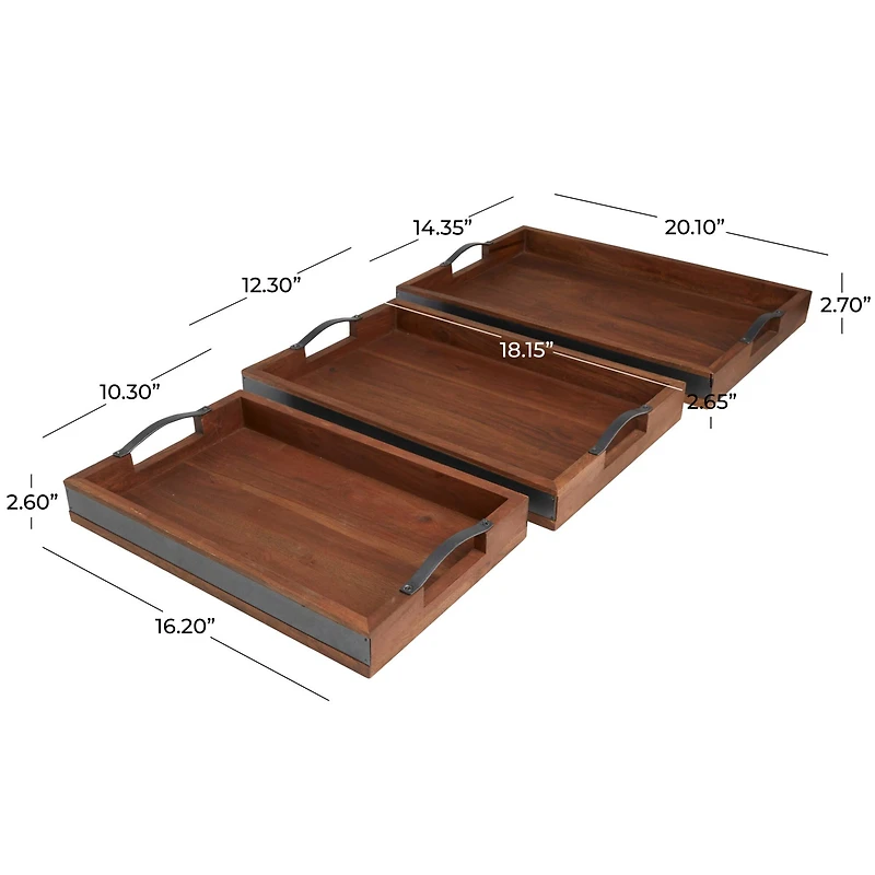 Brown & Black Wooden Nesting Tray with Metal Handles Set