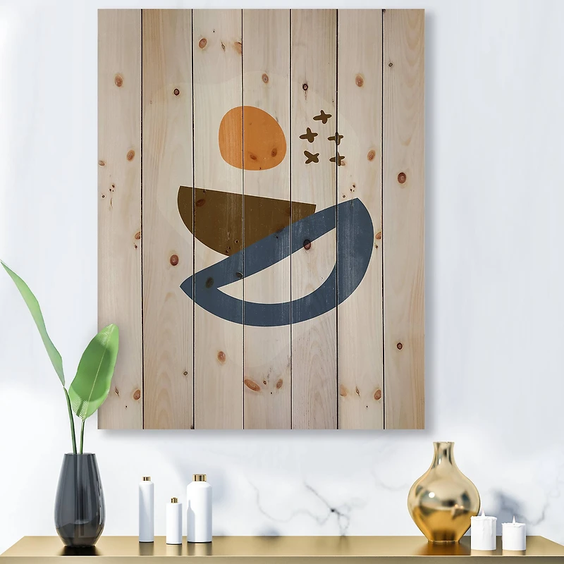 Designart - Abstract Sun Moon Geometric Print I - Modern Print on Natural Pine Wood