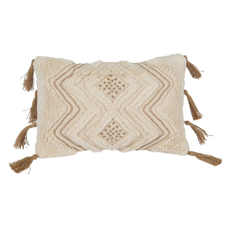 Hello Honey® Natural Boho Cotton Slub Lumbar Pillow with Embroidery & Tufting