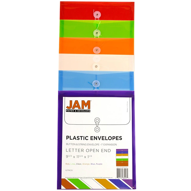 JAM Paper Assorted Plastic Button & String Closure 9.75" x 11.75" Envelopes, 6ct.